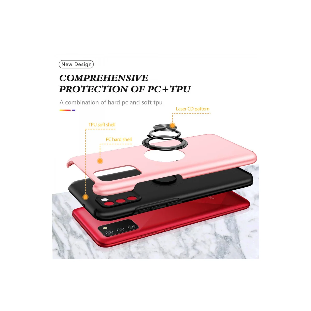 Galaxy A02S Elit Yüzüklü Kılıf - Pembe | Ultra Korumalı ve Araç Tutucu Uyumlu