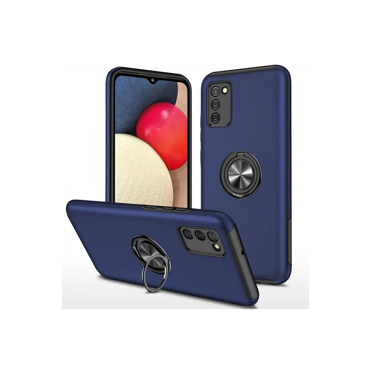 Galaxy A02S Elit Yüzüklü Kılıf - Lacivert Otomatik Dönüşen Halkalı Mıknatıslı Korumalı Kılıf