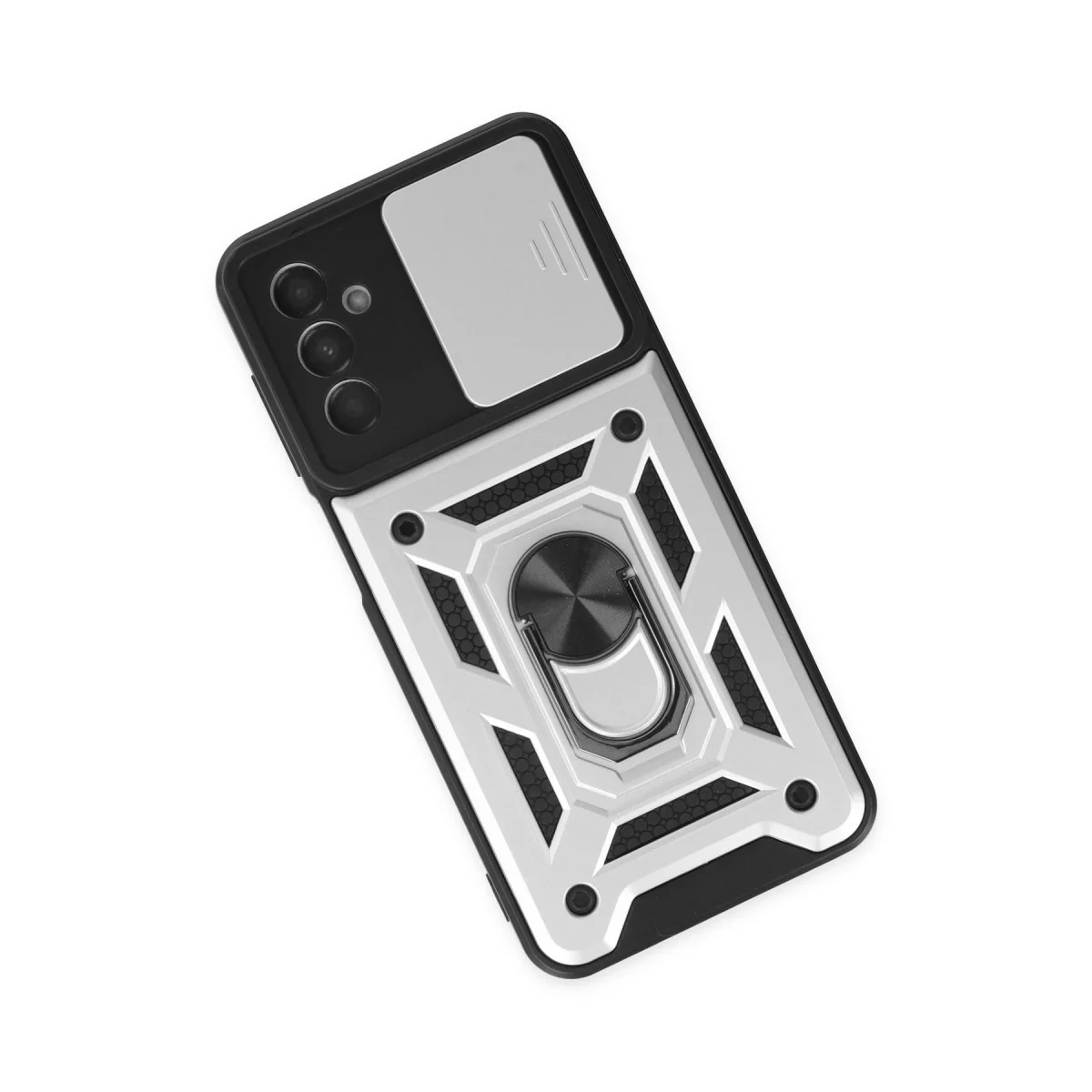 Galaxy A04S Kılıf - Gümüş Pars Lens Kılıf - Yüksek Koruma ve Metal Stand