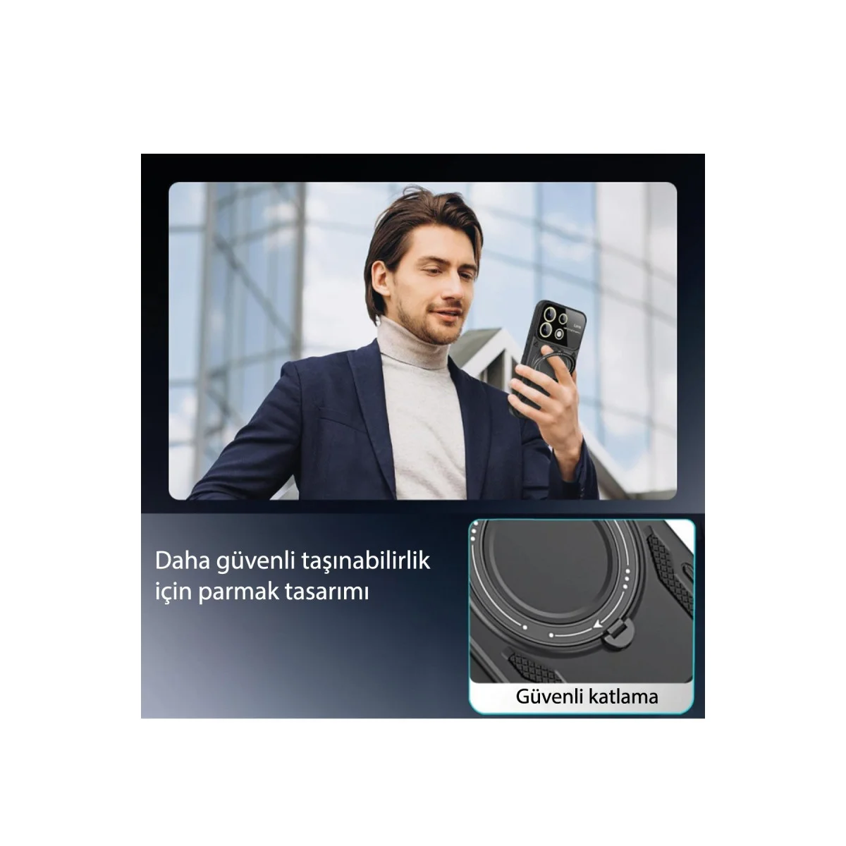 Galaxy A05 Joy Lens Standlı Siyah Kılıf - 360° Döner Parmak Halkası ve 180° Katlanabilir Stand