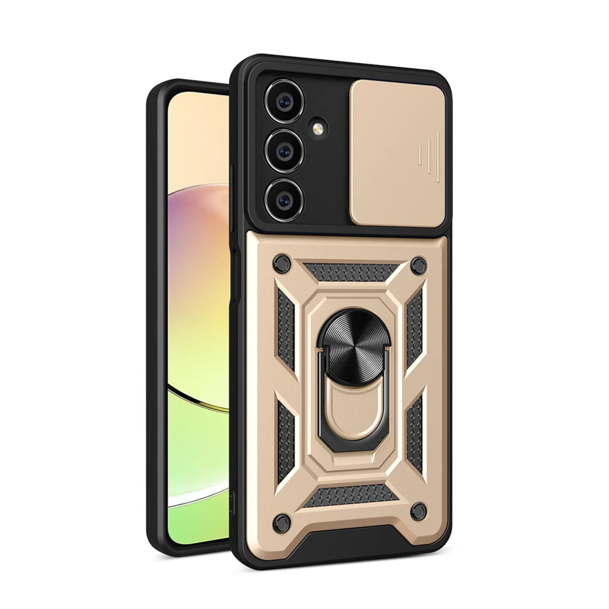 Galaxy A05 Silikon Kılıf Pars Lens Yüzüklü Gold - Sürgülü Kapaklı Çift Koruma