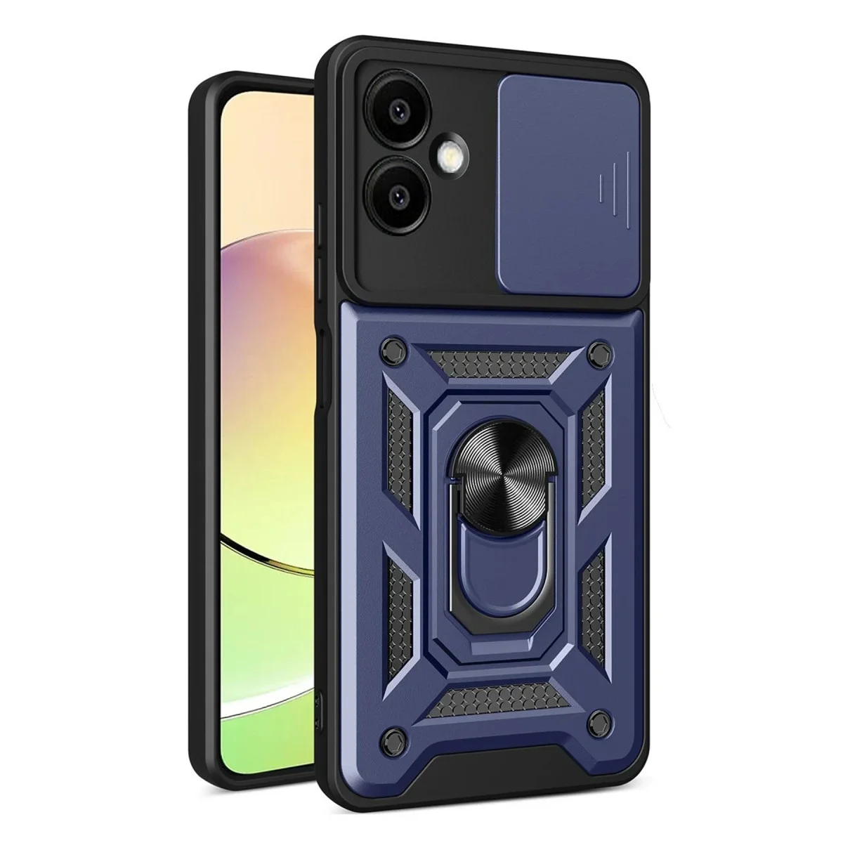 Galaxy A07 4G Pars Lens Kılıf - Lacivert Silikon, Leke Tutmaz ve Metal Standlı Koruma Kılıfı