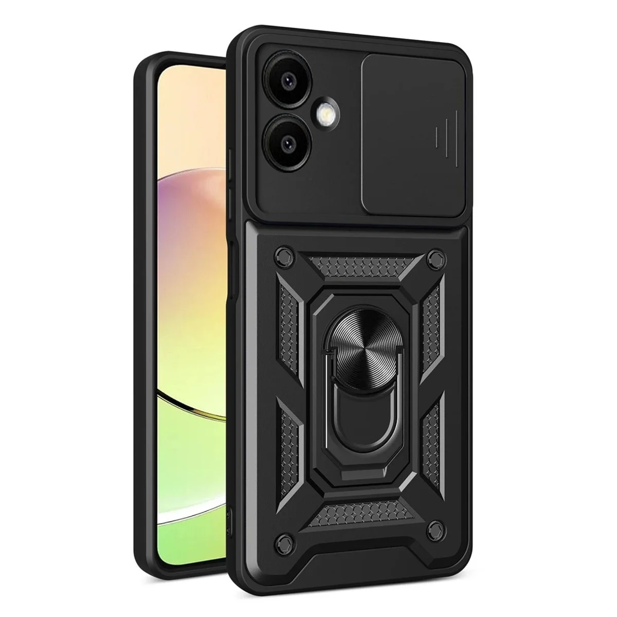 Galaxy A07 4G Silikon Kılıf - Lens Korumalı, Metal Standlı, Siyah