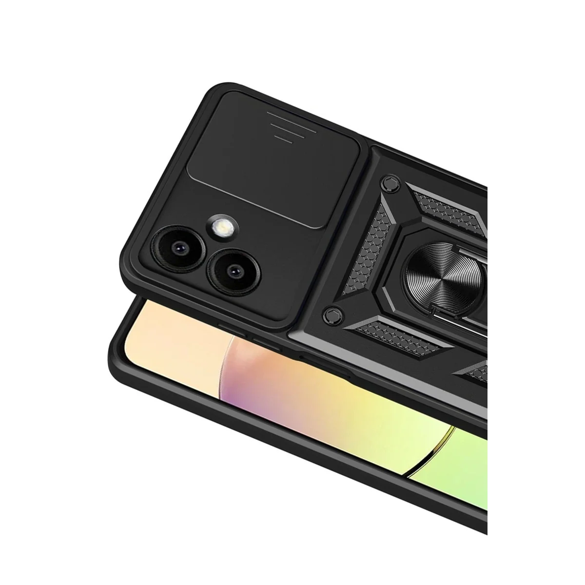 Galaxy A07 4G Silikon Kılıf - Lens Korumalı, Metal Standlı, Siyah