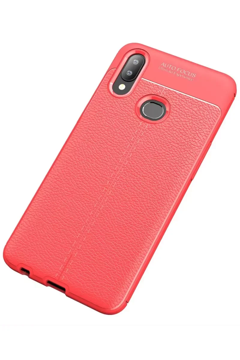 Galaxy A10S ile Uyumlu Auto Focus Kılıf - Kırmızı Deri Dokulu Darbe Korumalı TPU Silikon Kapak