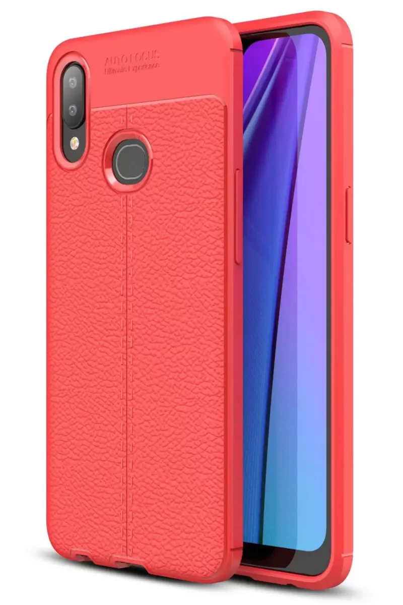 Galaxy A10S ile Uyumlu Auto Focus Kılıf - Kırmızı Deri Dokulu Darbe Korumalı TPU Silikon Kapak