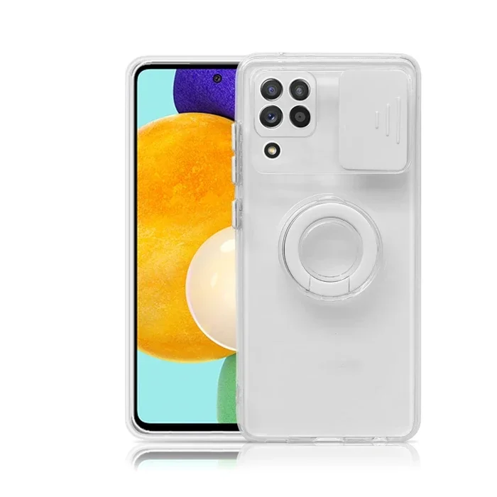 Galaxy A12 M12 F12 Kılıf – Sürgülü Lens Korumalı & Halka Standlı Silikon
