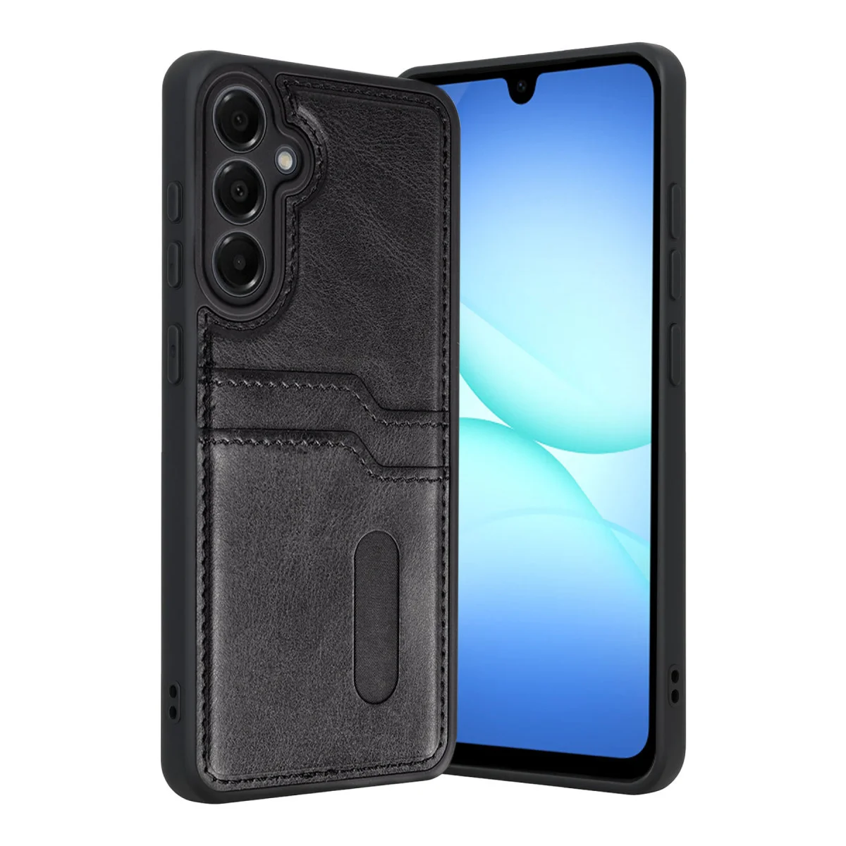 Galaxy A17 5G Sara Kartvizitli Deri Kılıf - Siyah (Kart Yuvalı, Kablosuz Şarj Uyumlu)