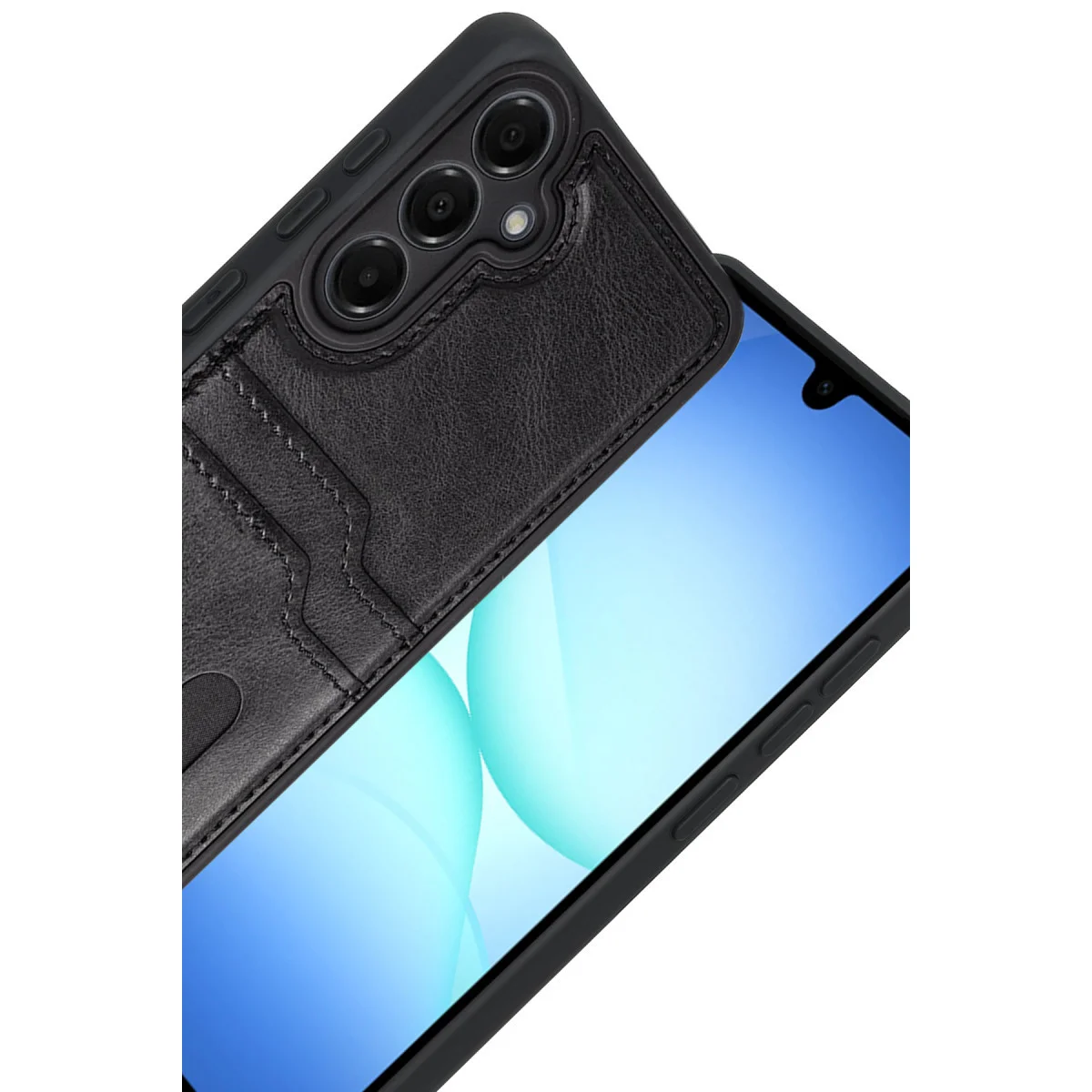 Galaxy A17 5G Sara Kartvizitli Deri Kılıf - Siyah (Kart Yuvalı, Kablosuz Şarj Uyumlu)