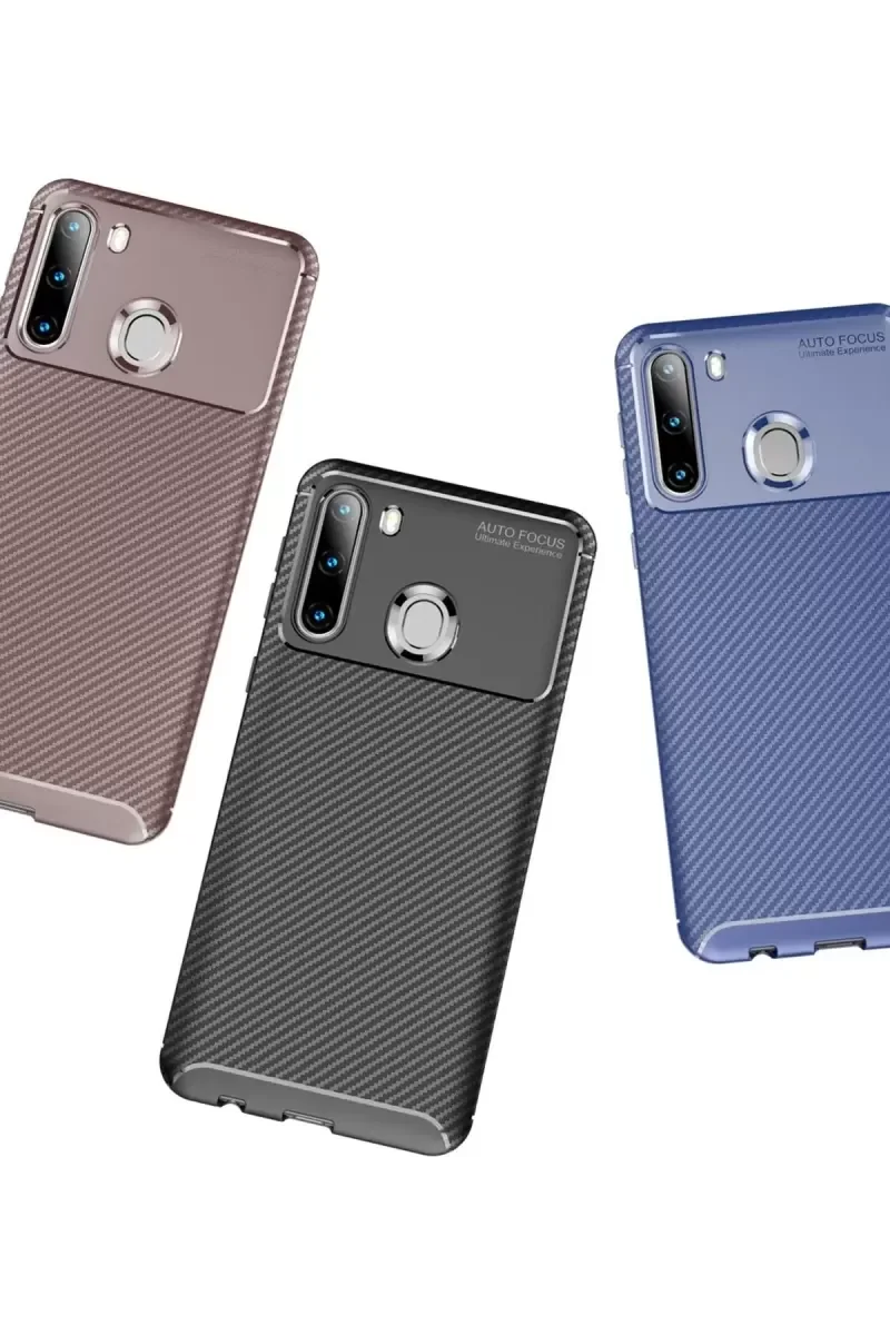 Galaxy A21 ile Uyumlu Auto Focus Karbon Kapak Kılıf - Kahverengi Darbe Korumalı
