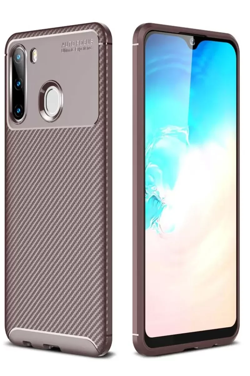 Galaxy A21 ile Uyumlu Auto Focus Karbon Kapak Kılıf - Kahverengi Darbe Korumalı