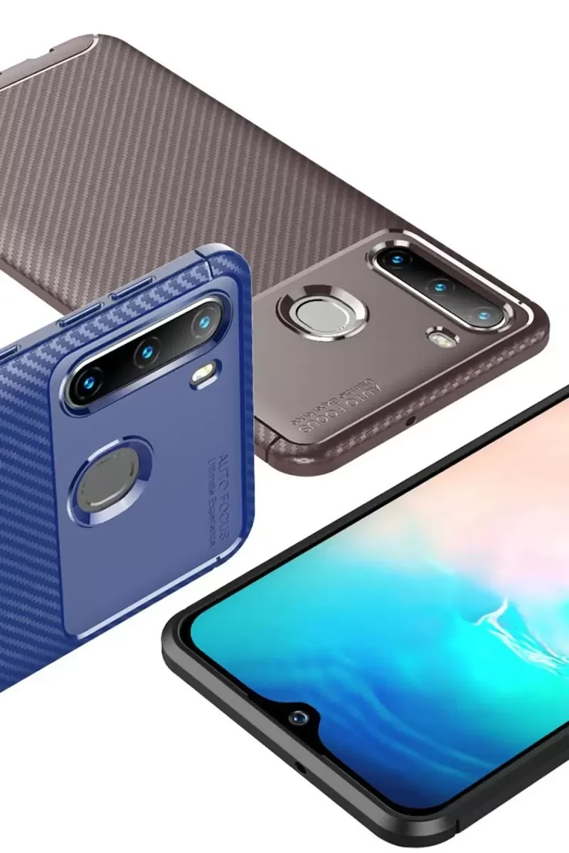 Galaxy A21 ile Uyumlu Auto Focus Karbon Kapak Kılıf - Kahverengi Darbe Korumalı