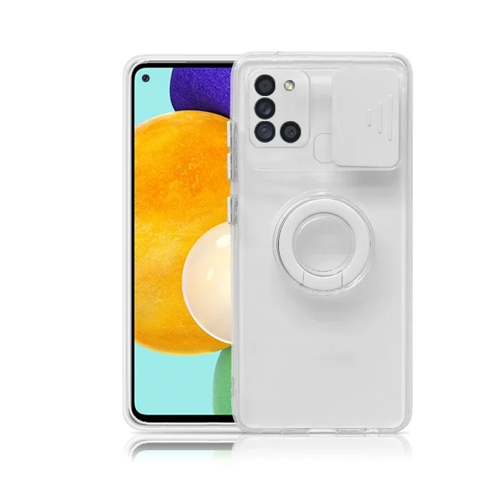 Galaxy A21S Kılıf - Sürgülü Lens Korumalı Yüzük Standlı Silikon