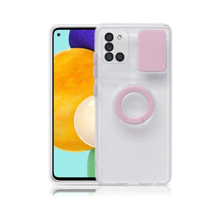 Galaxy A21S Kılıf - Sürgülü Lens Korumalı Yüzük Standlı Silikon