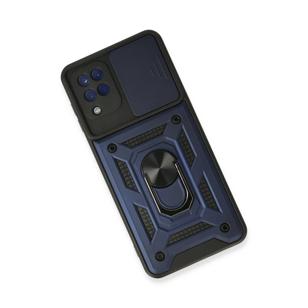 Galaxy A22 Kılıf - Lens Korumalı, Metal Standlı ve Pürüzsüz Silikon Kılıf (Lacivert)
