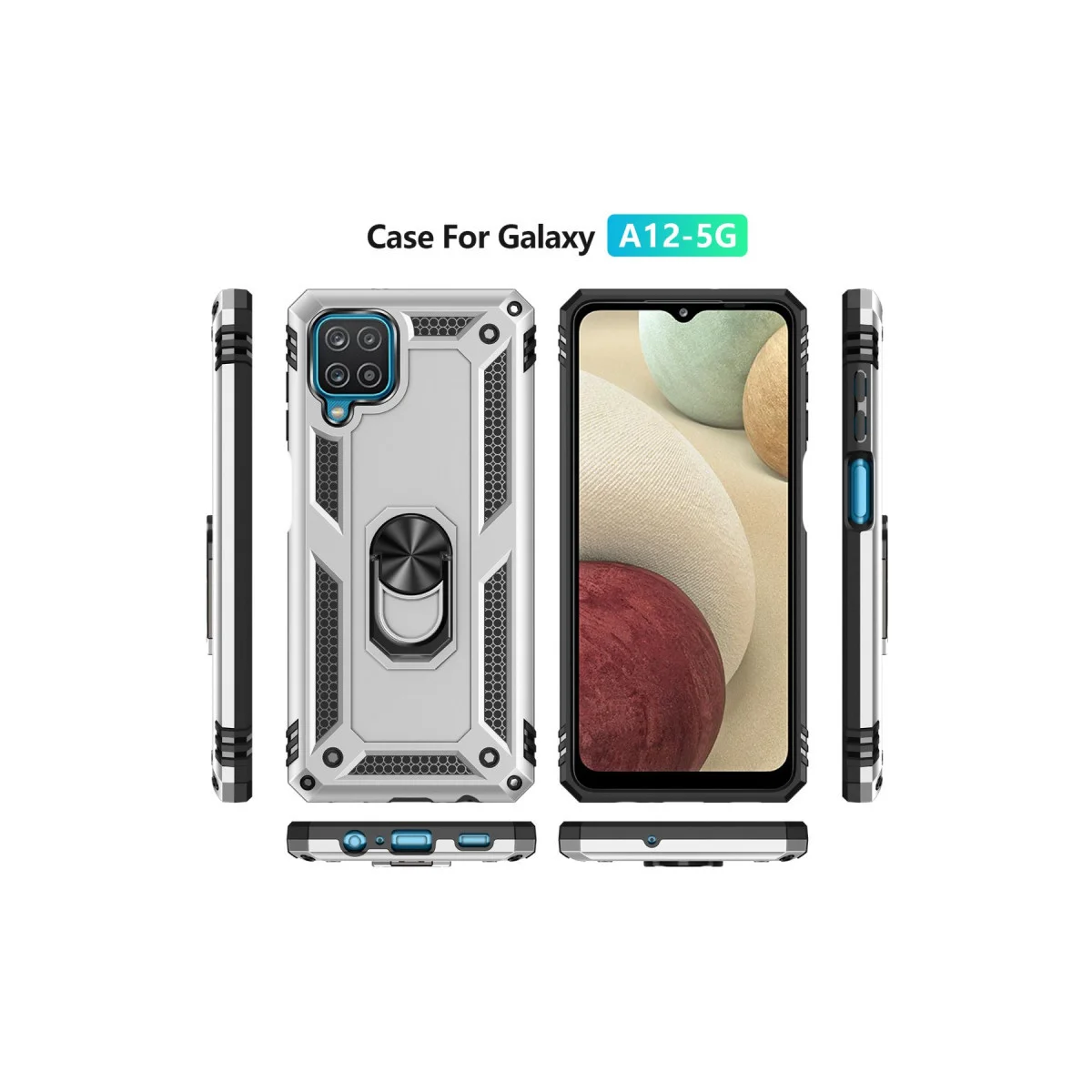 Galaxy A22 Kılıf Sofya Yüzüklü Gümüş Silikon Kapak - Ultra Korumalı