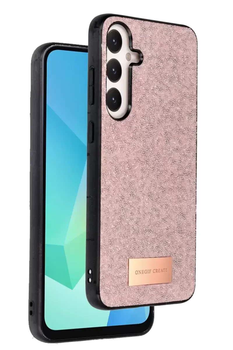 Galaxy A26 ile Uyumlu Bright Simli Kapak - Pembe Boncuk İşlemeli Telefon Kılıfı