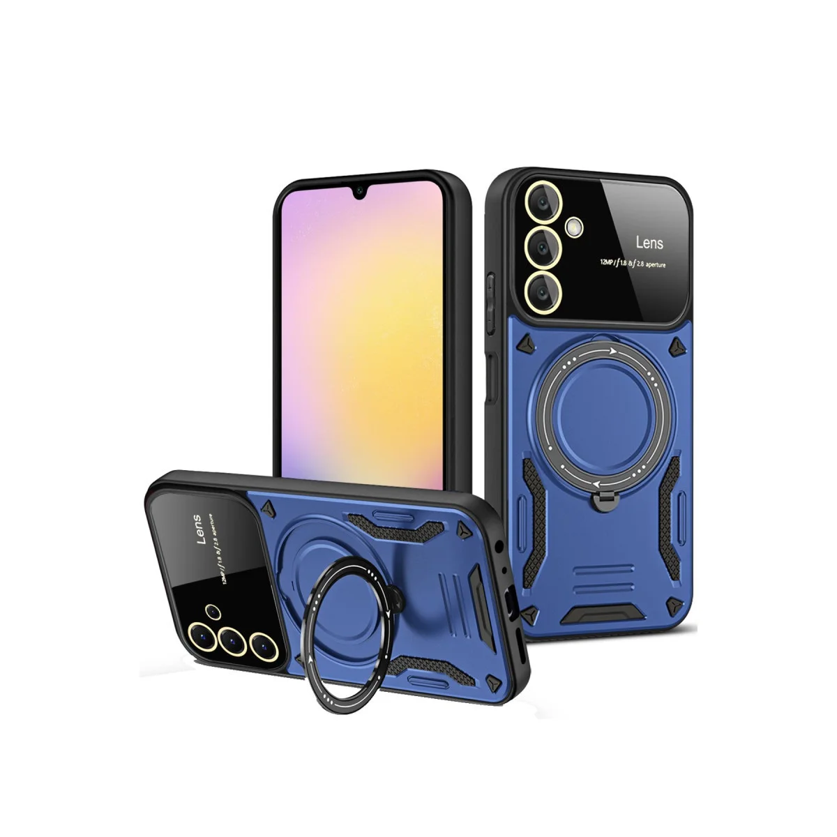 Galaxy A54 5G Kılıf - Joy Lens Standlı, 360° Döner Parmak Halkası & Askeri Darbe Korumalı (Lacivert)