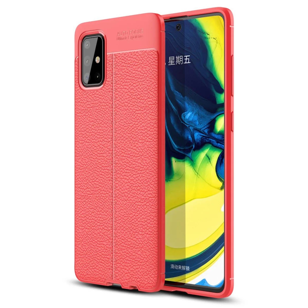 Galaxy A71 Auto Focus Deri Dokulu Kılıf - Kırmızı, TPU ve Yüksek Darbe Korumalı