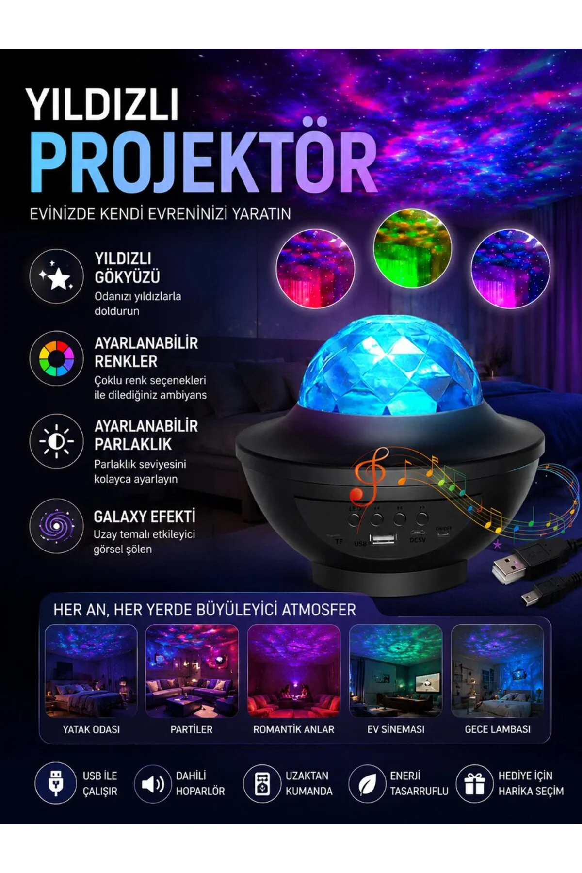 Galaxy Efektli LED Gece Lambası Projektörü Bluetooth Bağlantılı - ECR1549-2169