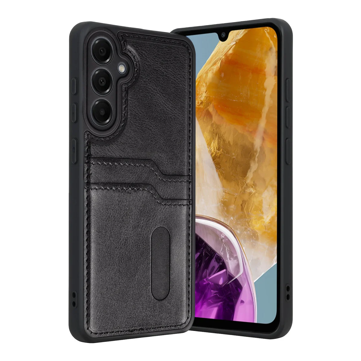 Galaxy M15 Sara Kartvizitli Deri Kılıf - Siyah, İşlevsel ve Premium Koruma
