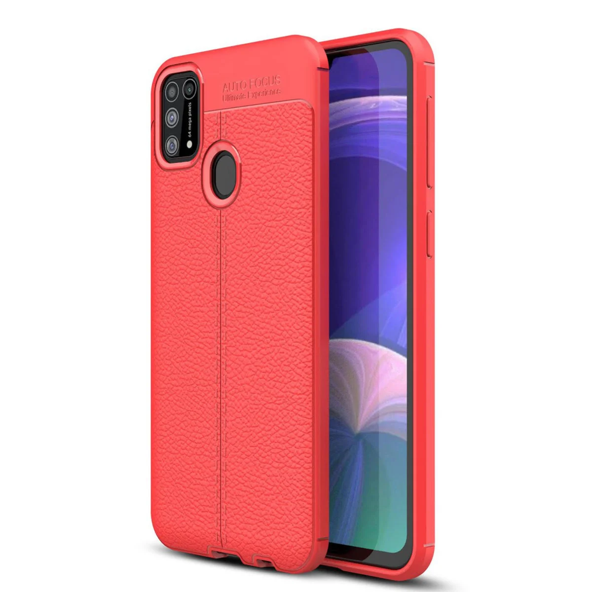 Galaxy M31 Auto Focus Kılıf Kırmızı - TPU Deri Dokulu Koruma Kapağı