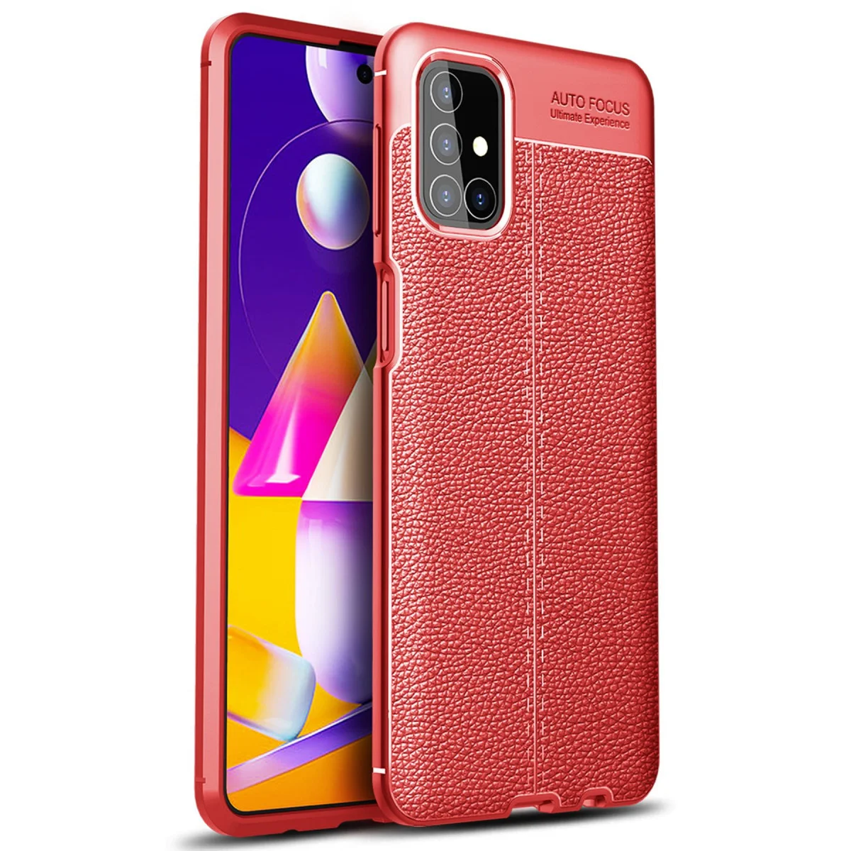 Galaxy M31S Auto Focus Kapak Kırmızı - Deri Dokulu TPU Yüksek Darbe Korumalı Kılıf