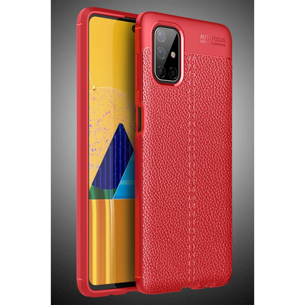 Galaxy M51 Auto Focus Kılıf - Kırmızı Deri Dokulu TPU Ultra Hafif Koruma