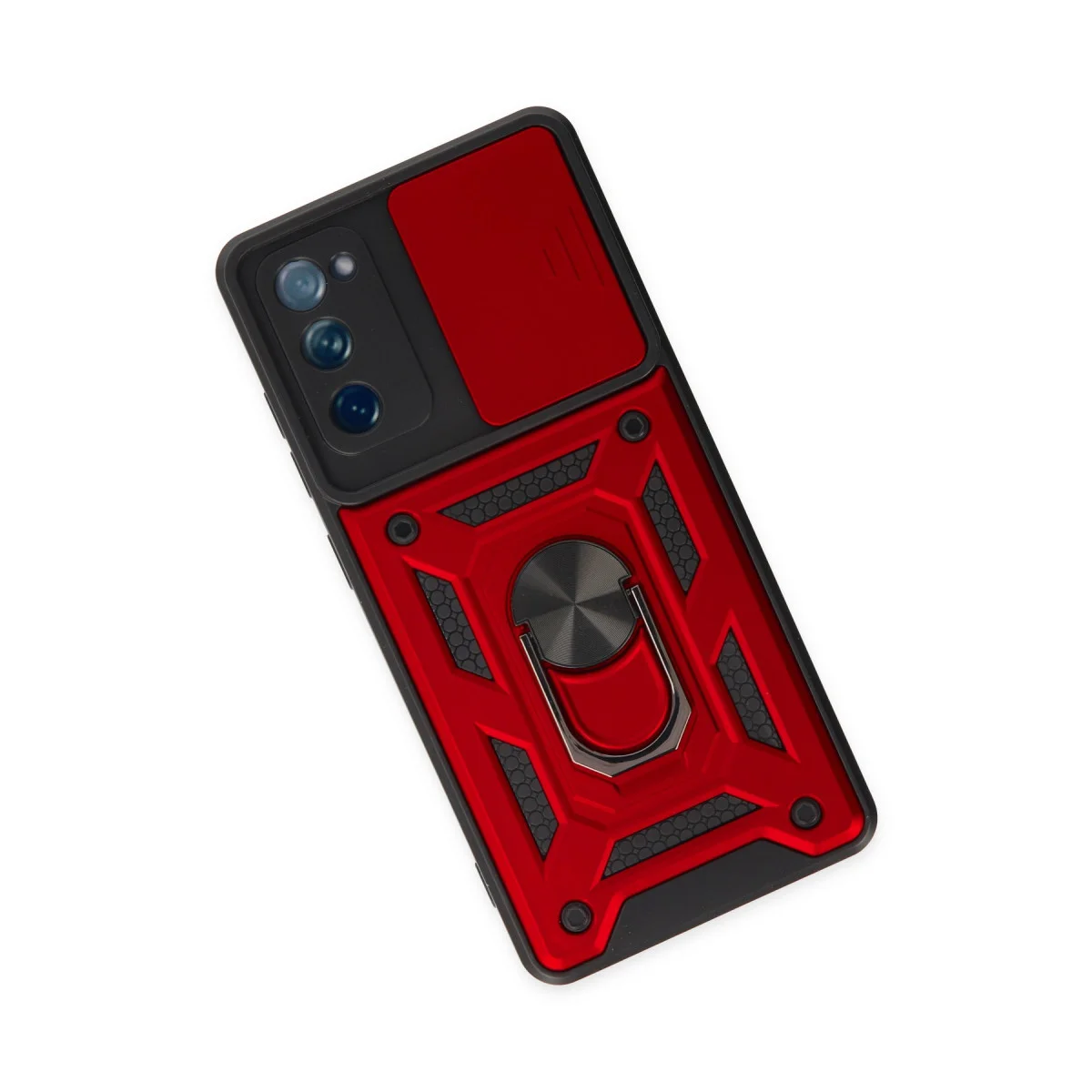 Galaxy S20 FE Kılıf Silikon - Kırmızı Pars Lens Yüzüklü ve Standlı