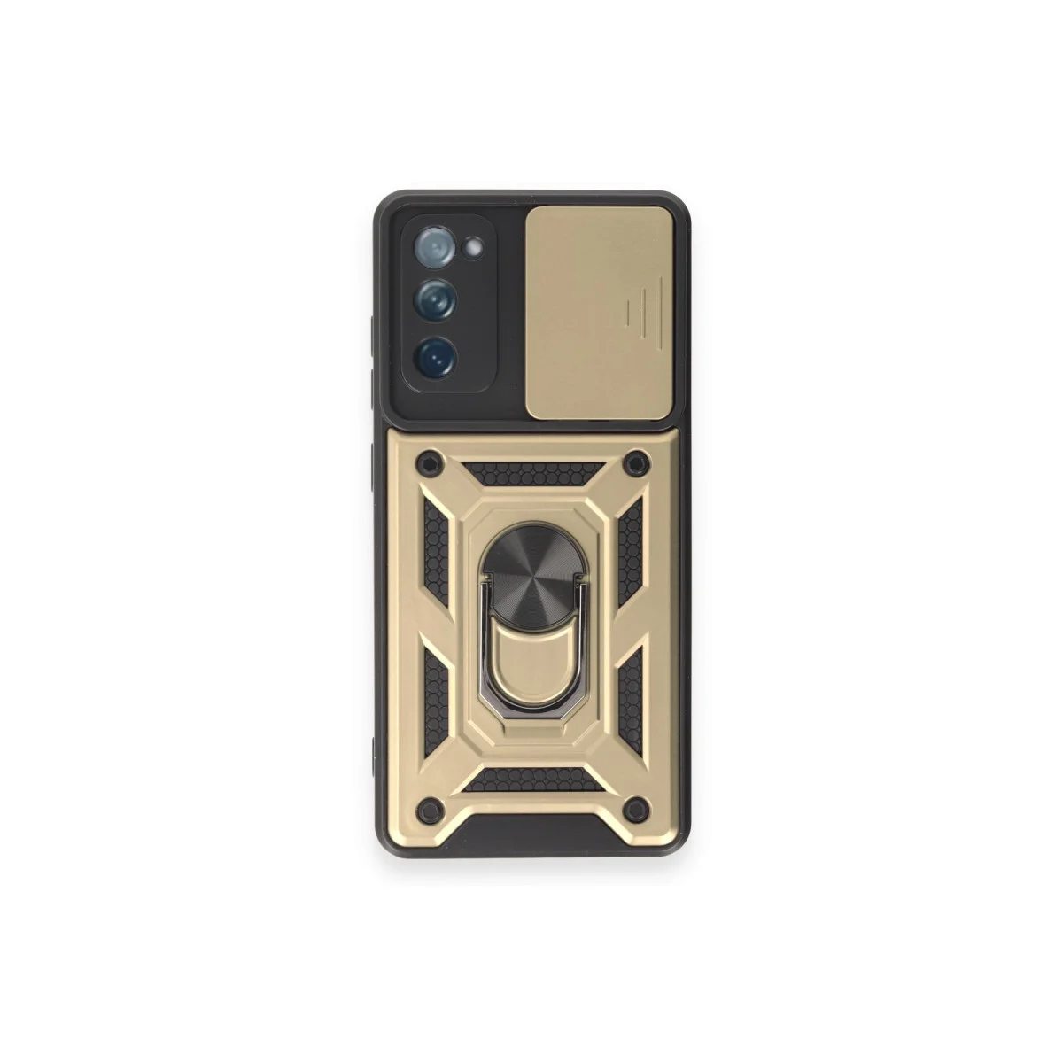 Galaxy S20 FE Silikon Kılıf - Lens Korumalı, Metal Stand & Gold