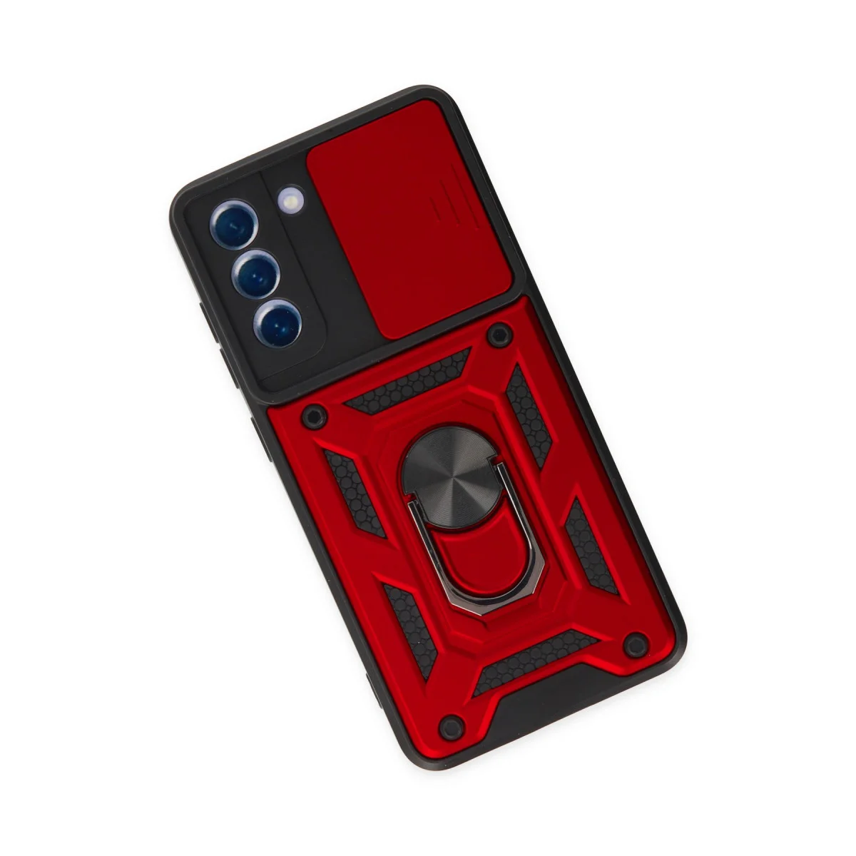 Galaxy S21 FE Kılıf - Lens Korumalı Silikon Kılıf (Metal Halkalı) - Kırmızı