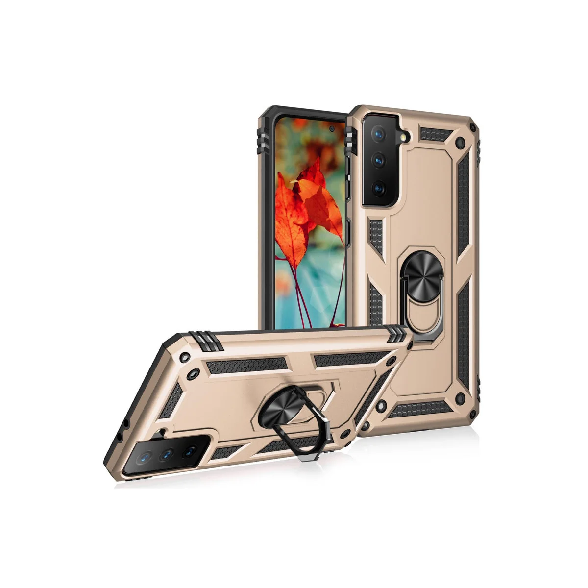 Galaxy S21 Kılıf - Sofya Yüzüklü Silikon Kapak (Altın) - Ultra Koruma ve Yarı Sert Çerçeve