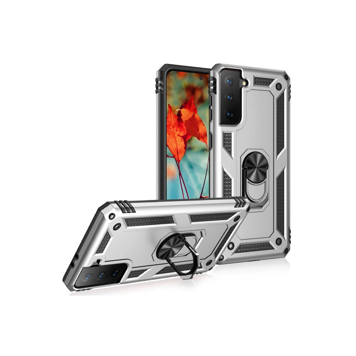 Galaxy S21 Kılıf Sofya Yüzüklü Silikon Kapak - Gümüş Ultra Koruma ve Yarı Sert Çerçeve