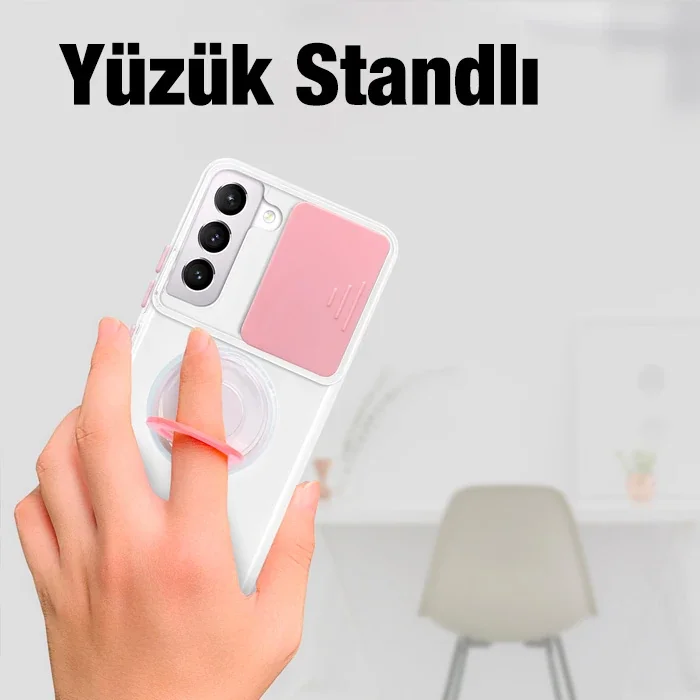 Galaxy S21 Plus / S30 Plus Kılıf – Sürgülü Lens Korumalı, Yüzük Standlı Silikon