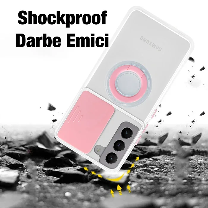 Galaxy S21 S30 Kılıfı - Sürgülü Lens Korumalı Silikon Yüzük Standlı