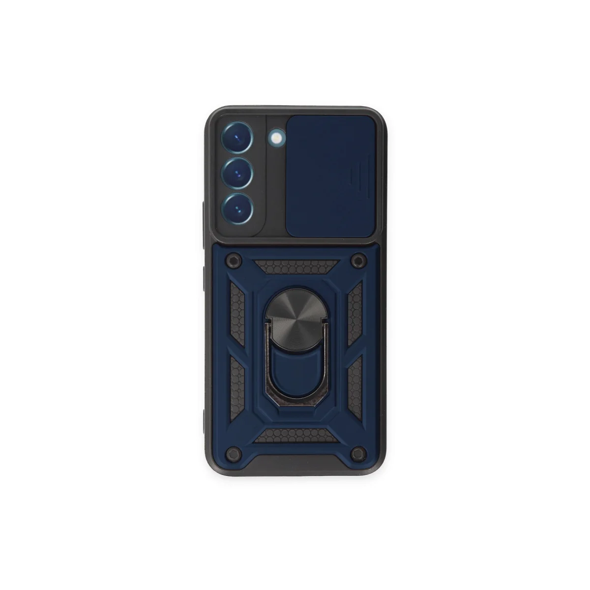 Galaxy S23 Kılıf Pars Lens Yüzüklü Silikon Lacivert - 360 Korumalı Standlı