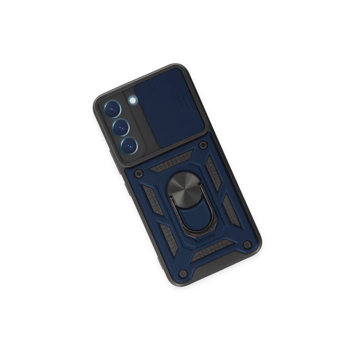 Galaxy S23 Kılıf Pars Lens Yüzüklü Silikon Lacivert - 360 Korumalı Standlı