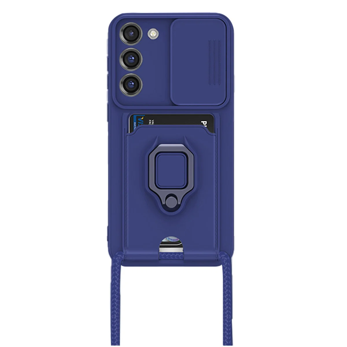 Galaxy S23 Plus Kart Bölmeli Silikon Kılıf Zuma - Lacivert, Metal Yüzük ve Standlı