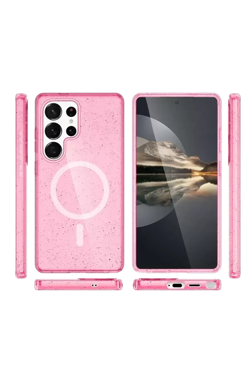 Galaxy S23 Ultra ile Uyumlu Magsafe Kılıf Star Pembe - Parlak Şık Koruyucu Kapak