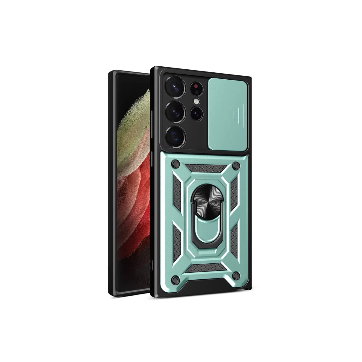 Galaxy S23 Ultra Kılıf - Yeşil Pars Lens Korumalı Silikon Kılıf & Metal Stand