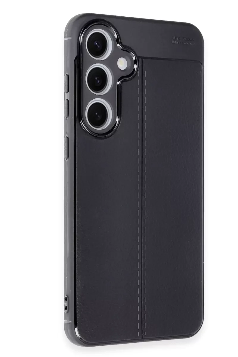 Galaxy S24 FE ile Uyumlu Auto Focus Silikon Kılıf - Siyah Deri Dokulu Darbe Korumalı