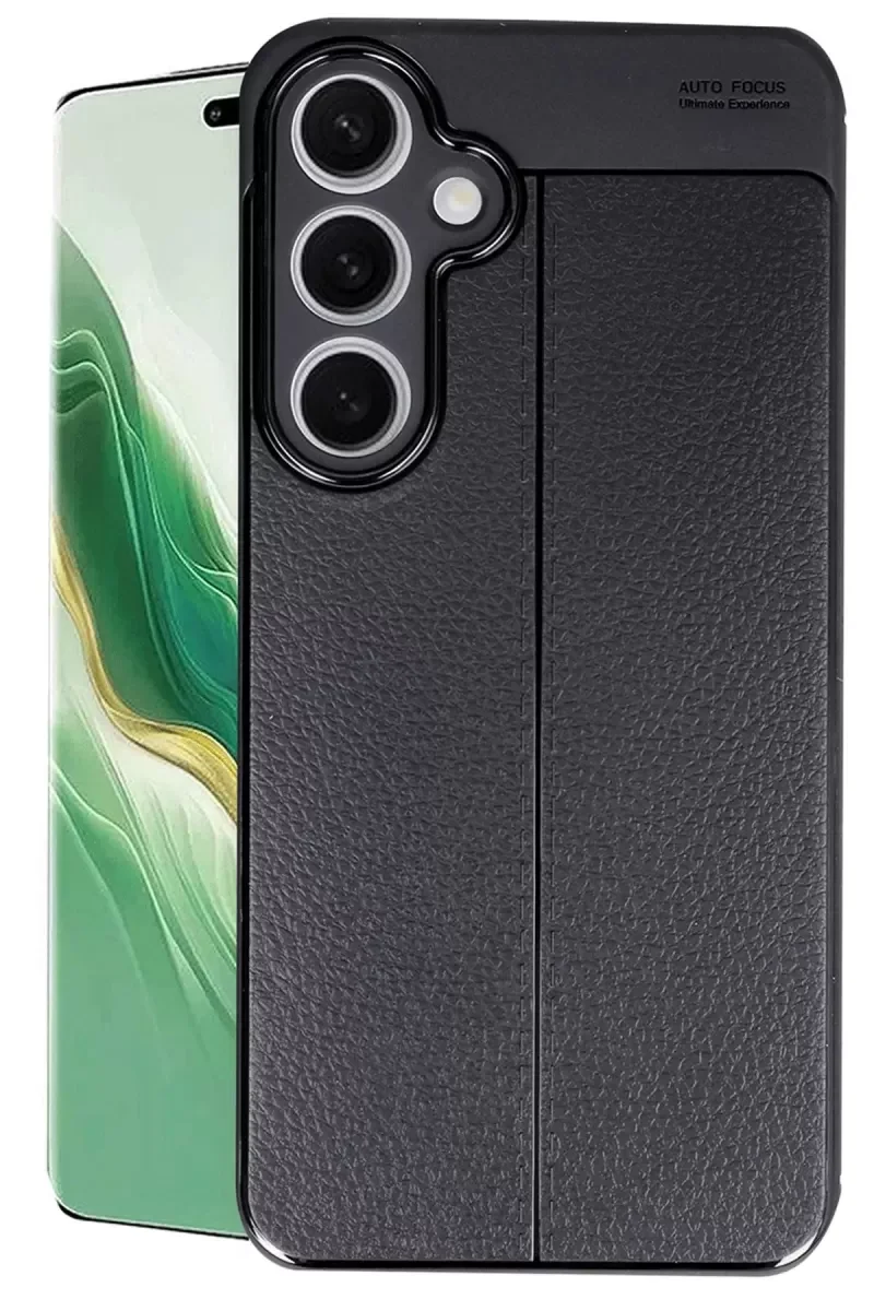 Galaxy S24 FE ile Uyumlu Auto Focus Silikon Kılıf - Siyah Deri Dokulu Darbe Korumalı