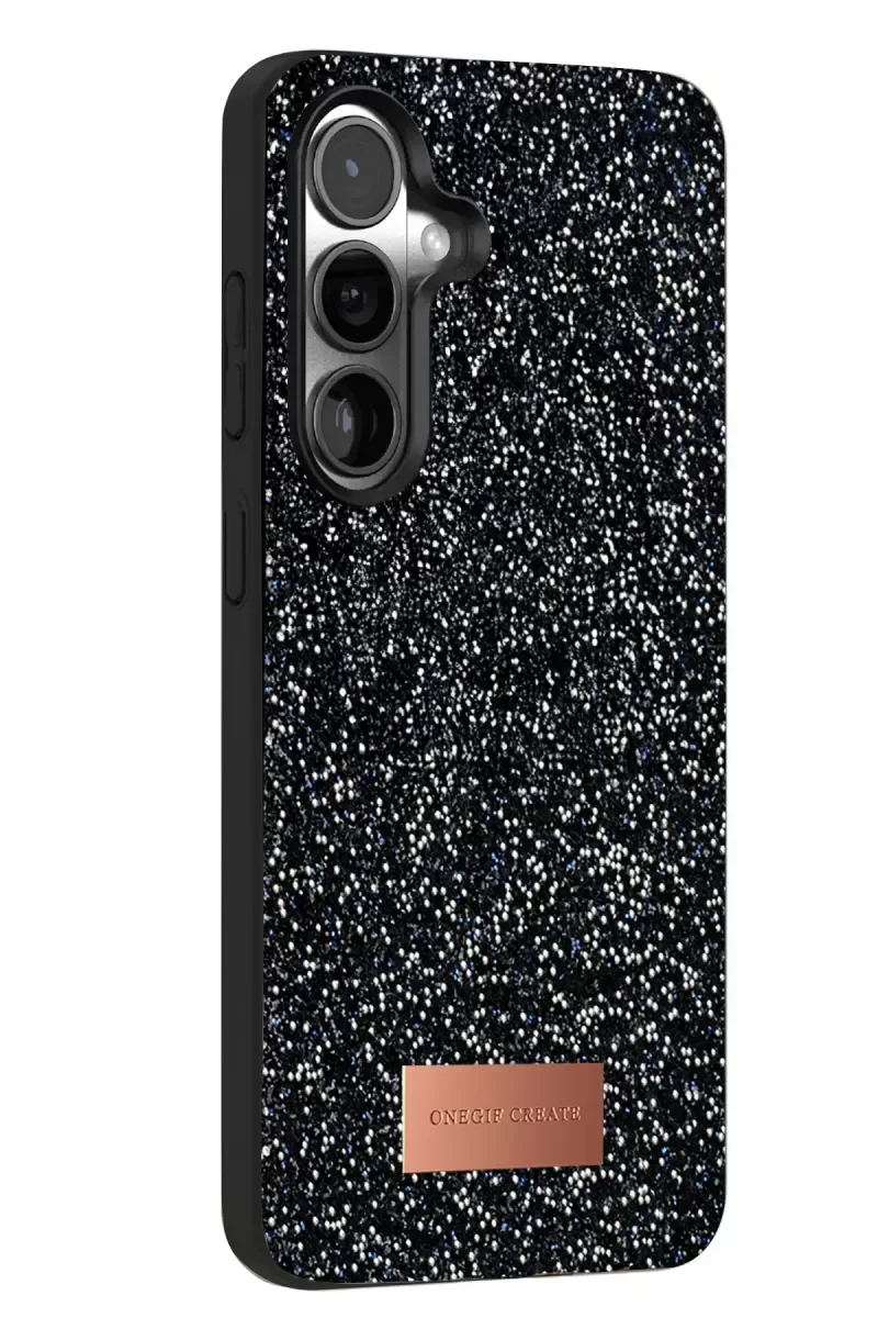 Galaxy S24 FE ile Uyumlu Bright Simli Kapak - Siyah Boncuk İşlemeli Telefon Kılıfı