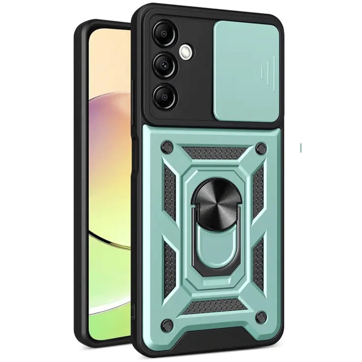 Galaxy S24 FE Yeşil Silikon Kılıf - Pars Lens Yüzüklü ve Metal Stand ile Maksimum Koruma