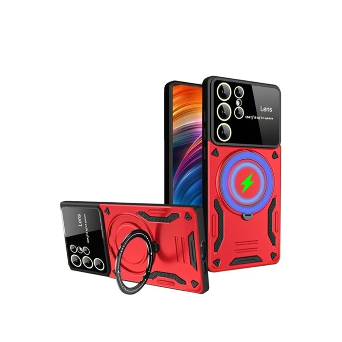 Galaxy S24 Ultra Joy Lens Standlı Kılıf - Kırmızı, 360° Döner Parmak Halkası ve Askeri Düzeyde Darbe Koruması