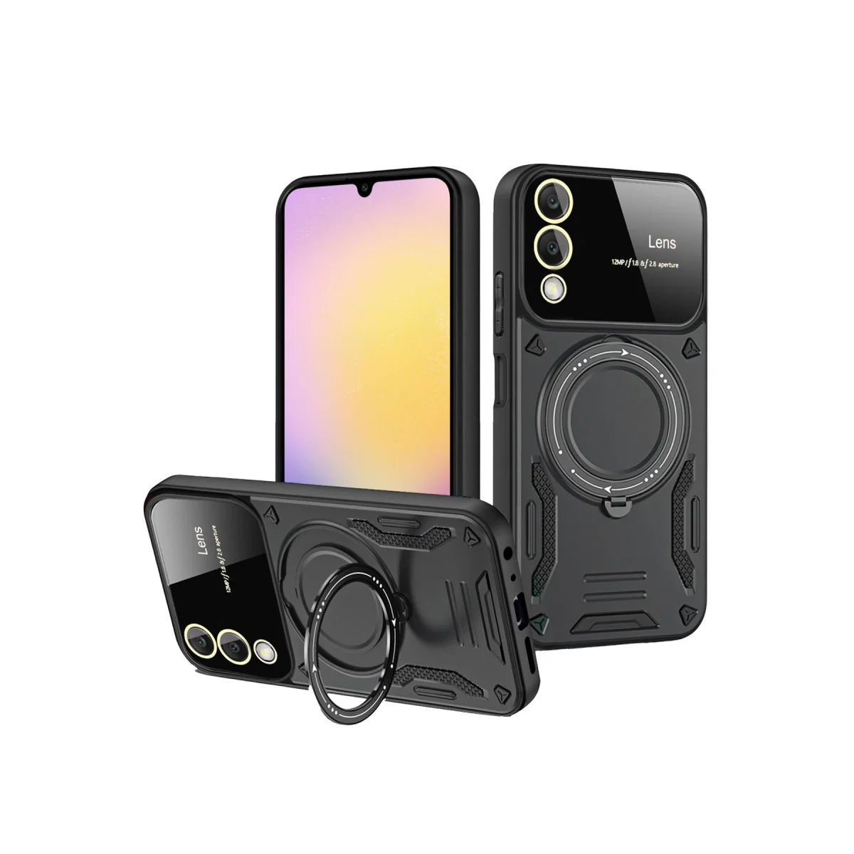 Galaxy S25 Edge Kılıf Joy Lens Standlı Siyah - 360° Döner Parmak Halkalı Taşıma Kılıfı