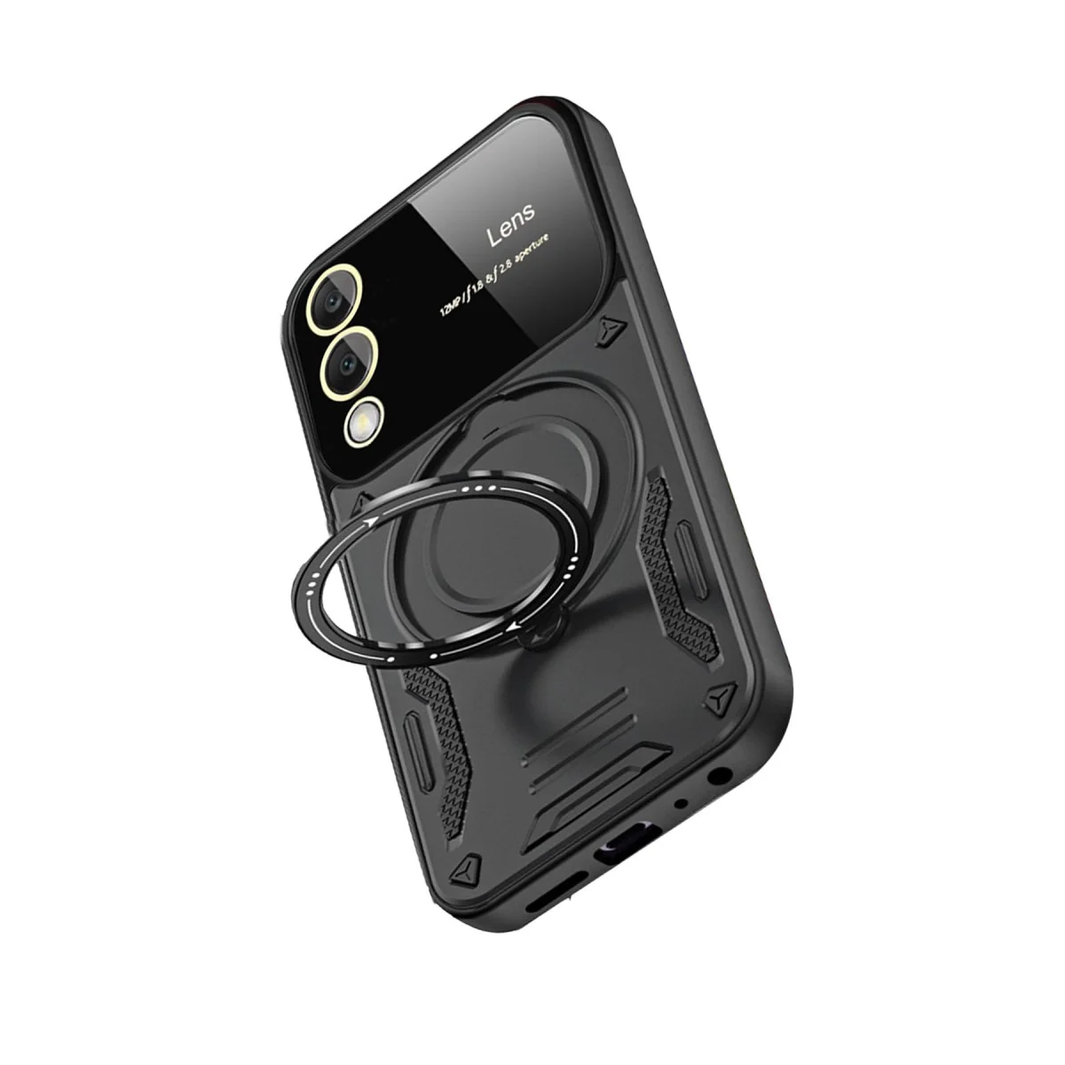 Galaxy S25 Edge Kılıf Joy Lens Standlı Siyah - 360° Döner Parmak Halkalı Taşıma Kılıfı
