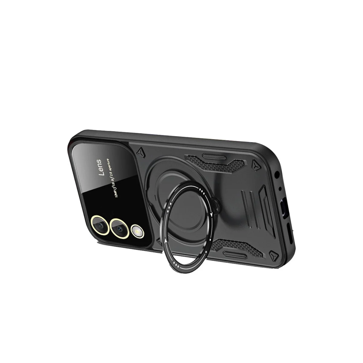 Galaxy S25 Edge Kılıf Joy Lens Standlı Siyah - 360° Döner Parmak Halkalı Taşıma Kılıfı