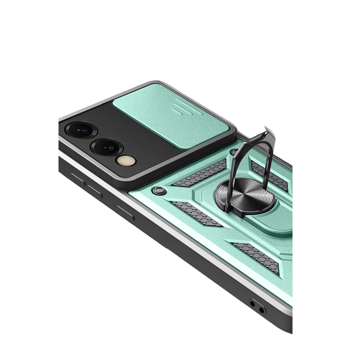 Galaxy S25 Edge Pars Lens Yüzüklü Silikon Kılıf - Yeşil, Kamera Korumalı ve Metal Standlı