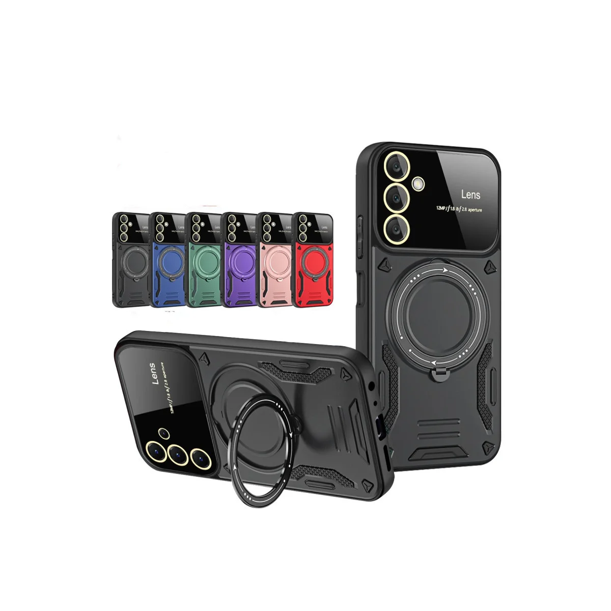 Galaxy S25 Joy Lens Standlı Kılıf Kırmızı - 360° Döner Parmak Halkası ve Askeri Darbe Koruması